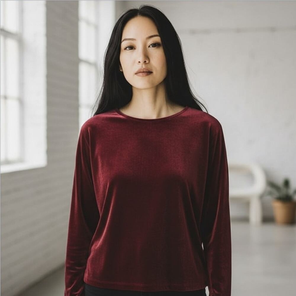 J. Jill Red Bordeaux Velvet Round Neck ¾ Sleeve Top | L NWT Modest Lagenlook